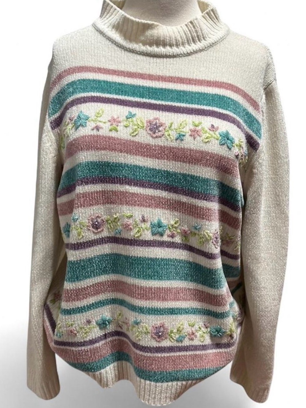 Alfred Dunner Cream Sweater with Teal, Mauve and Lavender Stripes